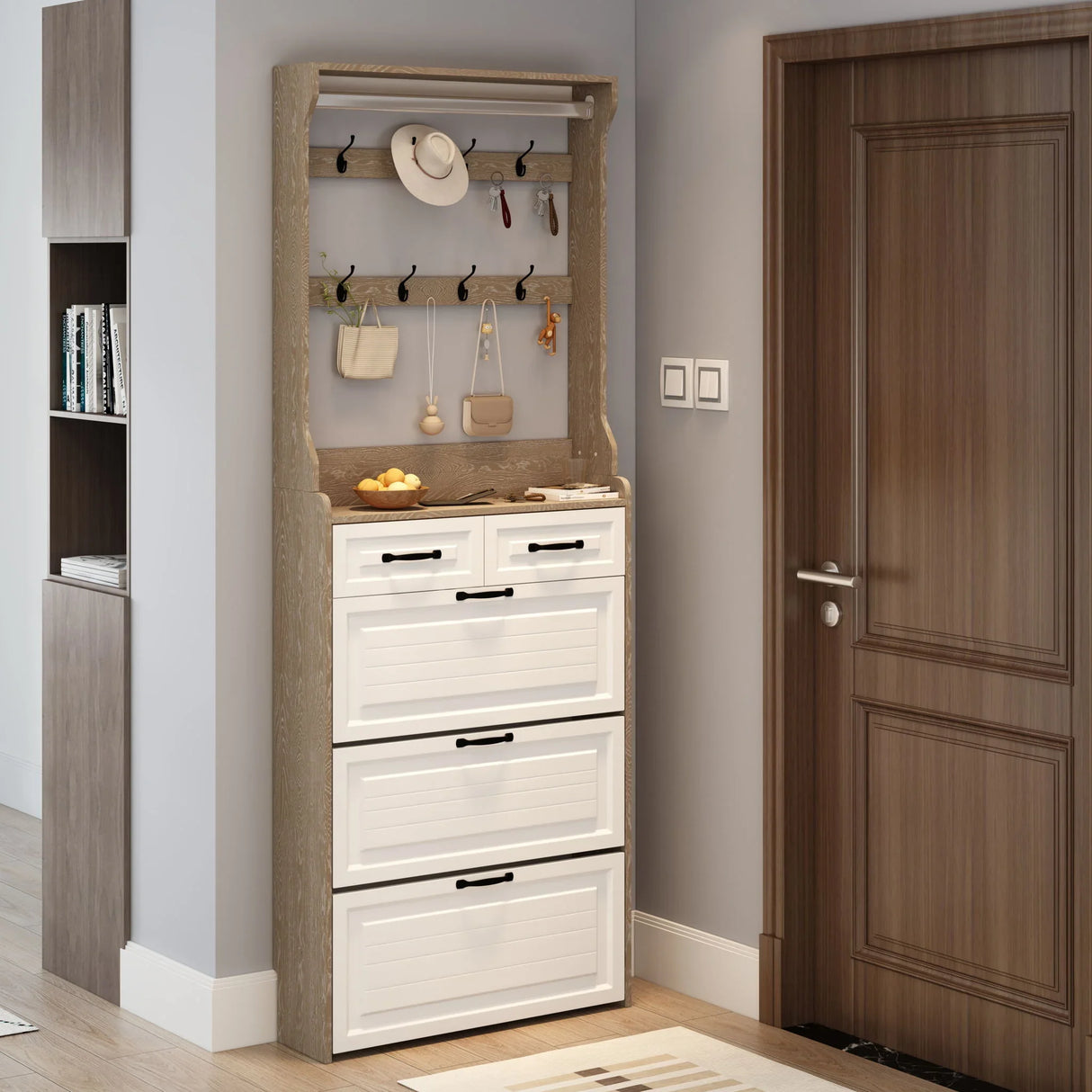 Shoe Cabinet With 3 Doors 2 Drawers With Hanger, Door With Shape, Large Space For Storage - Furniture Home Direct