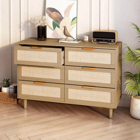 Modern Rattan Dresser With 6 Drawers For Bedroom And Living Room - Oak - Furniture Home Direct