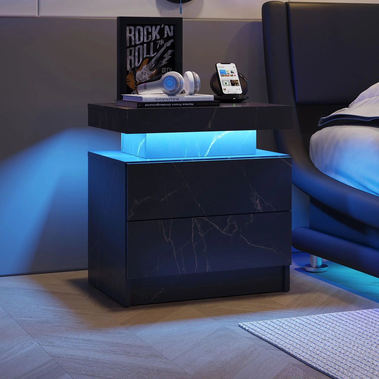 Nightstand LED, Bedside Table Cabinet With 2 Drawers For Bedroom - Furniture Home Direct