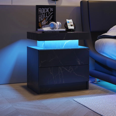 Nightstand LED, Bedside Table Cabinet With 2 Drawers For Bedroom - Furniture Home Direct