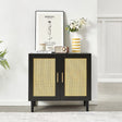Side Panel Buffet Cabinet With Natural Rattan Door, Rattan Storage Cabinet With Adjustable Shelves, Side Panel And Buffet With Storage Space, Modern Console Cabinet In Bedroom And Living Room - Black / Beige - Furniture Home Direct