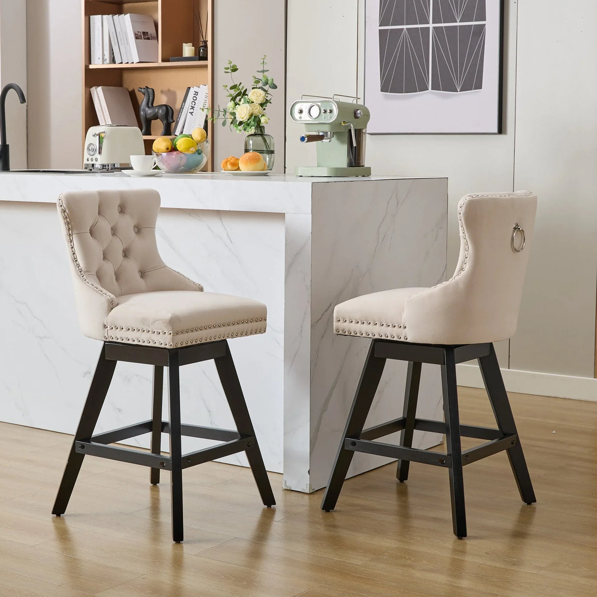 Bar Stools Counter Height Velvet Upholstered Set of 2 Beige - Furniture Home Direct