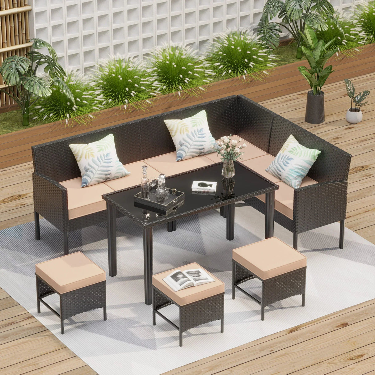7 Piece Outdoor Furniture Set Waterproof Cushions Glass Table - Furniture Home Direct