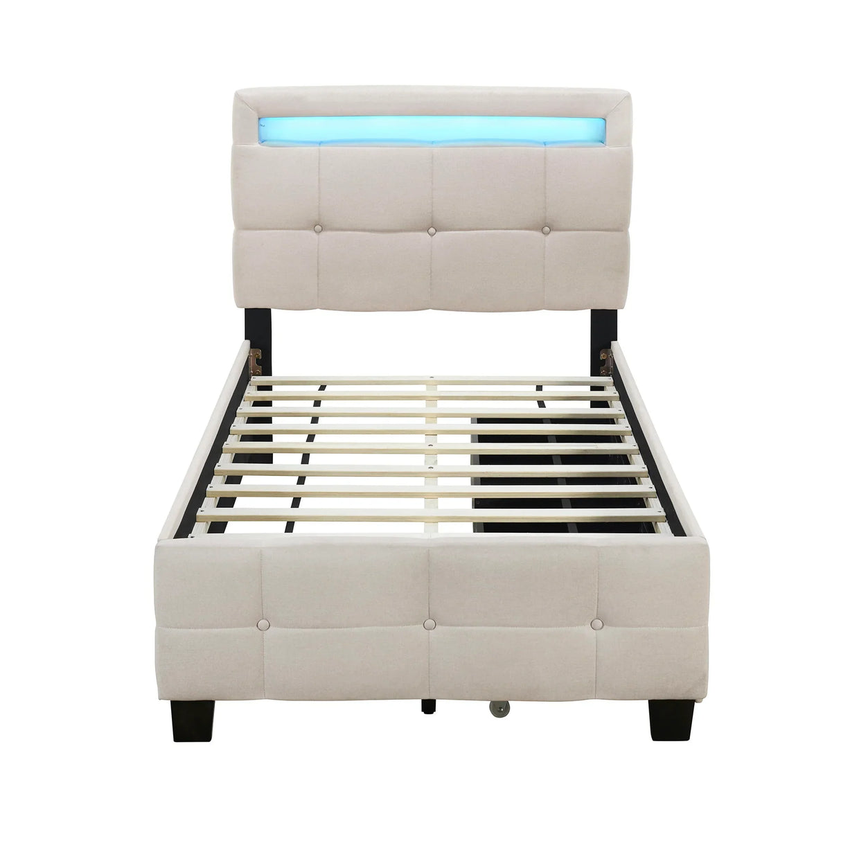 Upholstered Platform Bed With LED Frame, With Trundle And 2 Drawers - Furniture Home Direct