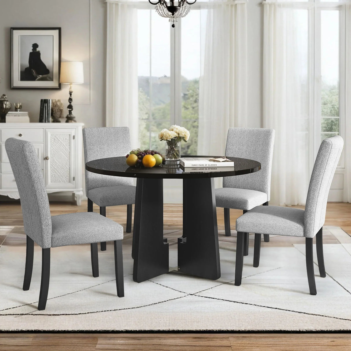 5 Piece Round Dining Table Set, Modern Table And 4 Upholstered Chairs For Dining Room - Furniture Home Direct