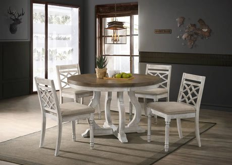 Havanna - 5 Piece Wide Contemporary Round Dining Table With Off White Fabric Chairs (Set of 5) - Vintage Walnut - Furniture Home Direct