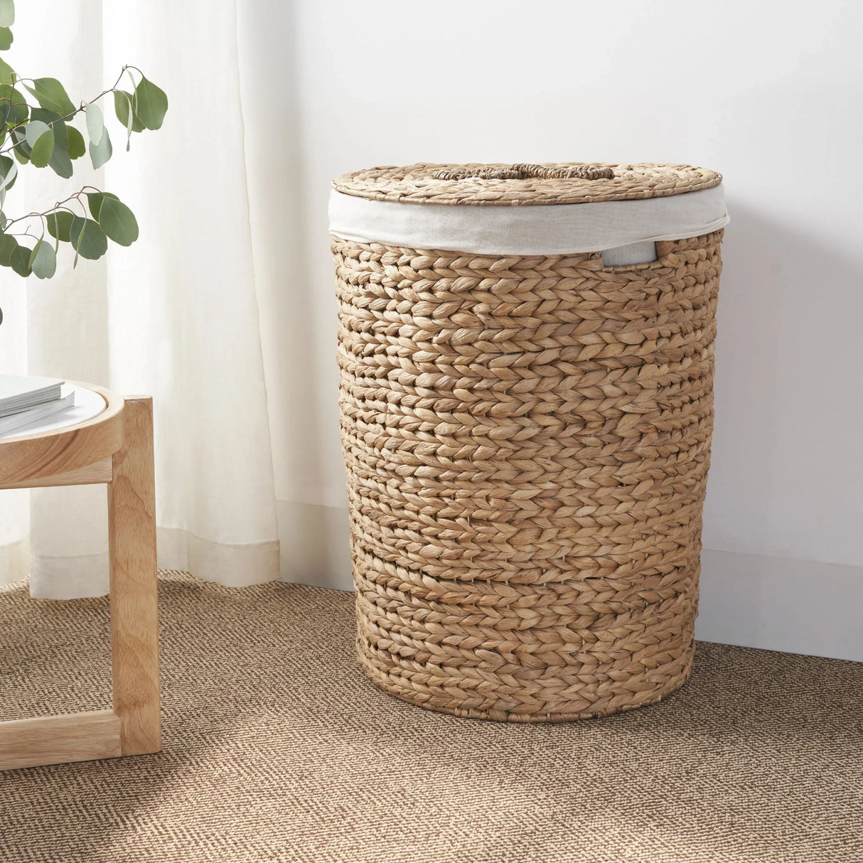 Ludmilla Round Tall Water Hyacinth Woven Wicker Laundry Hamper With Lid - For Clothes, Canvas, Toys And Book Storage With Removable Liner - 18" X 18" X 23" - Natural Brown - Furniture Home Direct