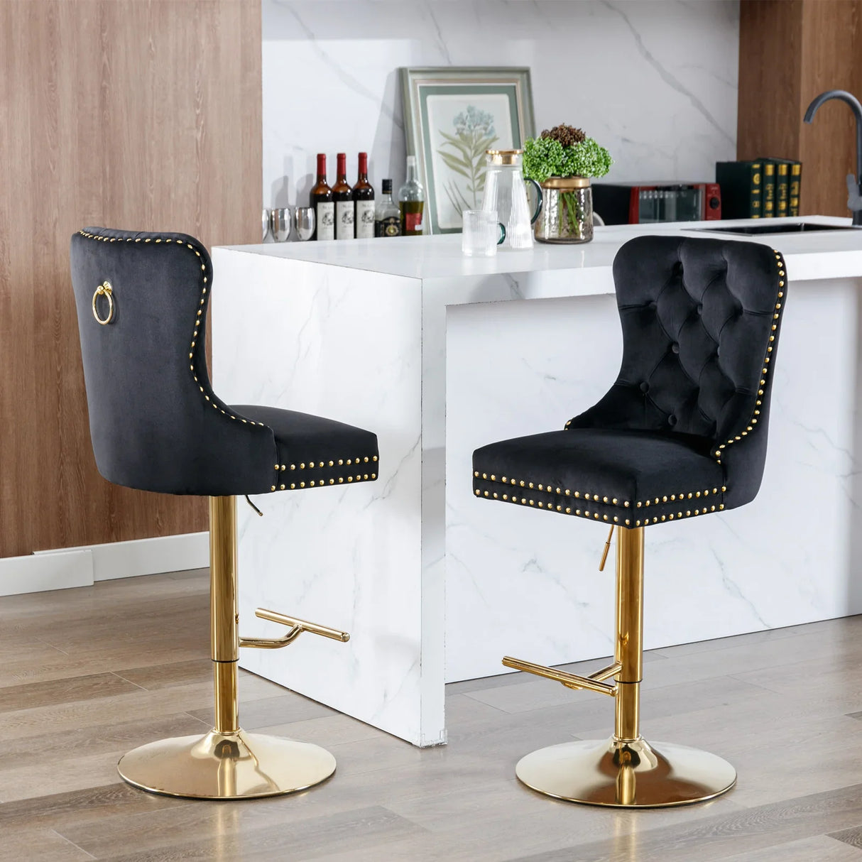 Bar Stools Velvet Upholstered Swivel With Backs Black - Furniture Home Direct