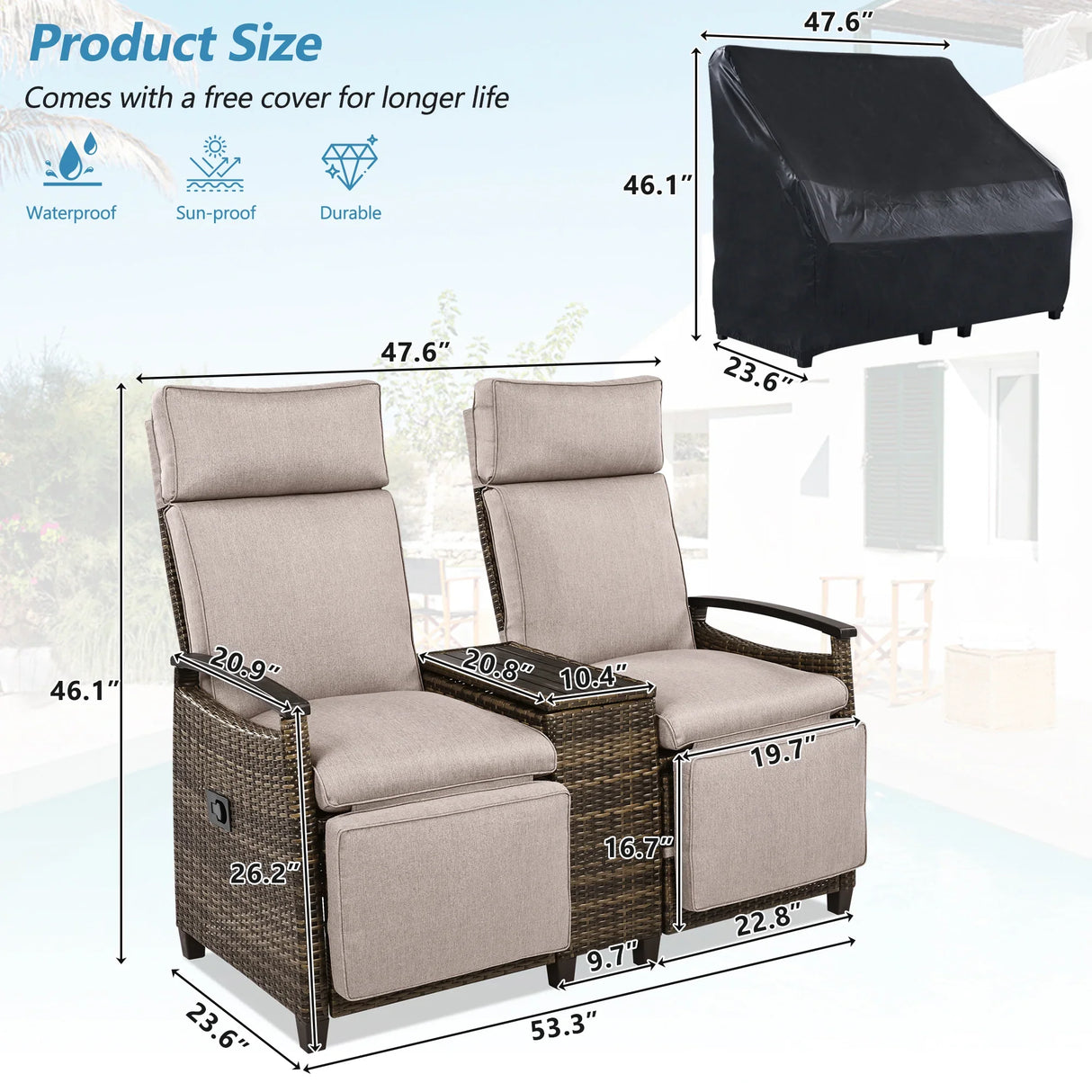 Outdoor Reclining Chaises With Built-in Storage Table - Furniture Home Direct