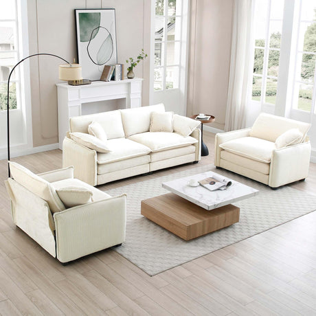 Luxurious and Sophisticated 3 Piece Corduroy Living Room Set with Soft Cushions and Pillows - White - Furniture Home Direct