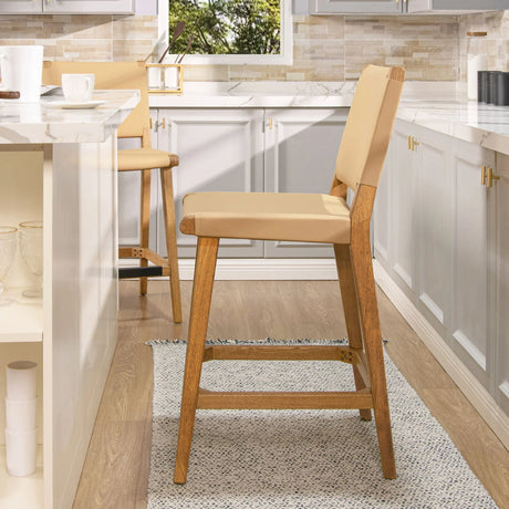 Pierre - Farmhouse Saddle Kitchen Island Counter Stool With Back - Sunkissed Beige Leather / Natural - Furniture Home Direct