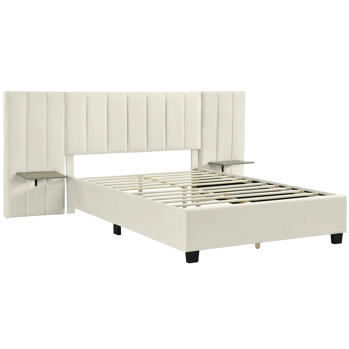 Queen Bed Upholstered Platform Tall Headboard Beige - Furniture Home Direct