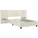 Queen Bed Upholstered Platform Tall Headboard Beige - Furniture Home Direct