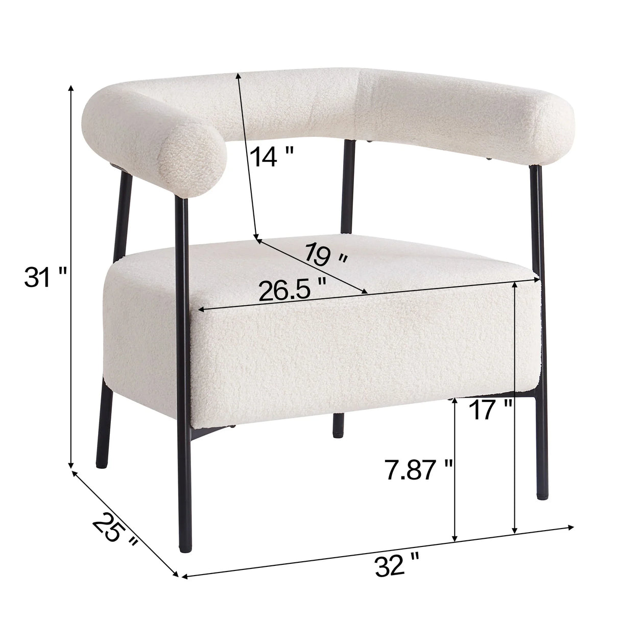Modern Boucle Fabric Upholstered Accent Chair, Curved Armchair With Metal Frame - White
