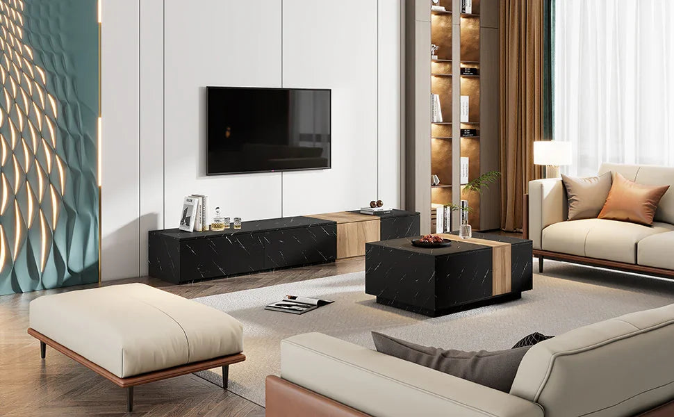 TV Stand Modern Marble Look With Wood Accent Black - Furniture Home Direct