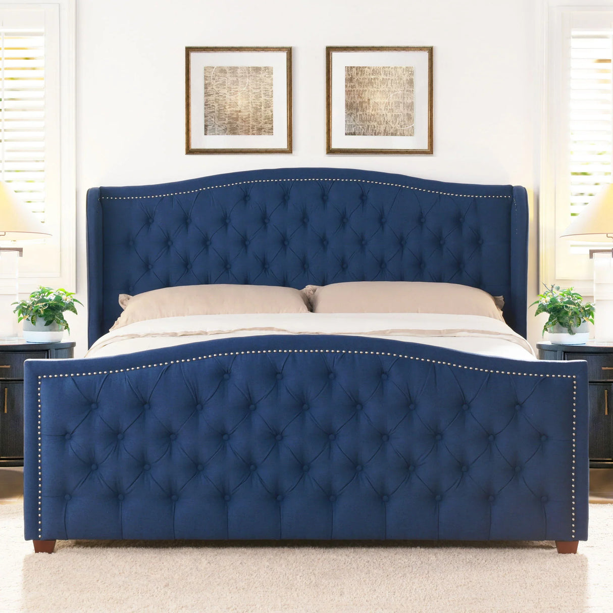 Marcella - King Upholstered Shelter Headboard Bed Set - Dark Sapphire Blue - Furniture Home Direct