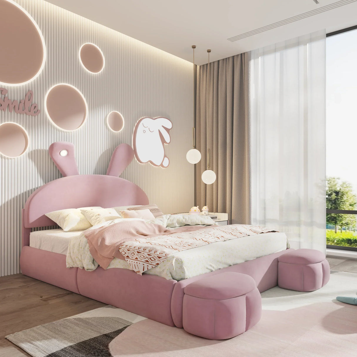 Full Size Upholstered Platform Bed with Cartoon Ears Shaped Headboard and Light, Pink - Furniture Home Direct