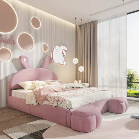 Full Size Upholstered Platform Bed with Cartoon Ears Shaped Headboard and Light, Pink - Furniture Home Direct