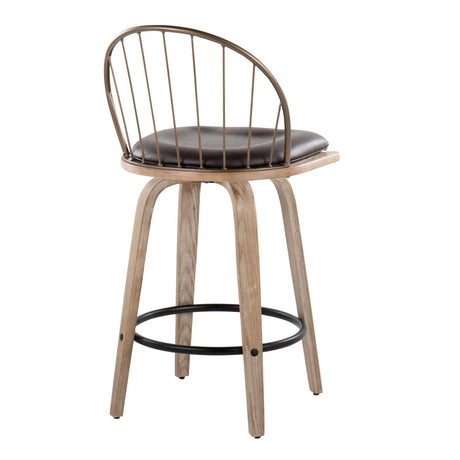 Riley - Farmhouse Fixed Height Counter Stool Round Footrest With Removable Cushion (Set of 2) - White Washed / Antique Copper / Brown - Furniture Home Direct