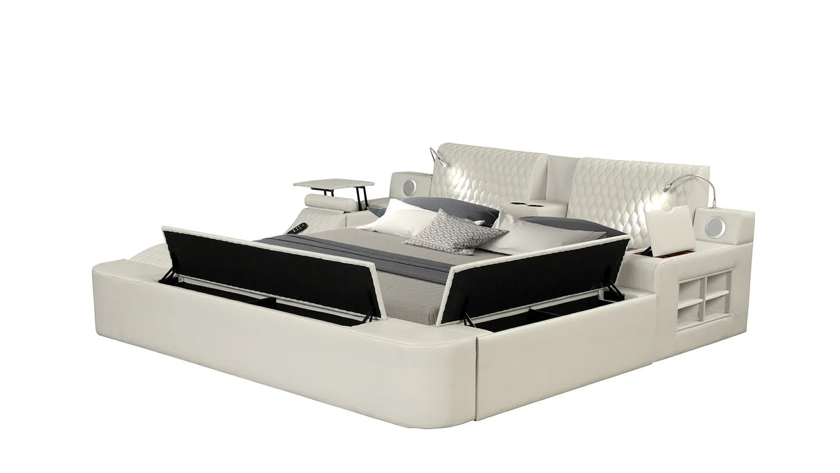 Queen Bed Upholstered Platform with Built in Lighting Beige - Furniture Home Direct
