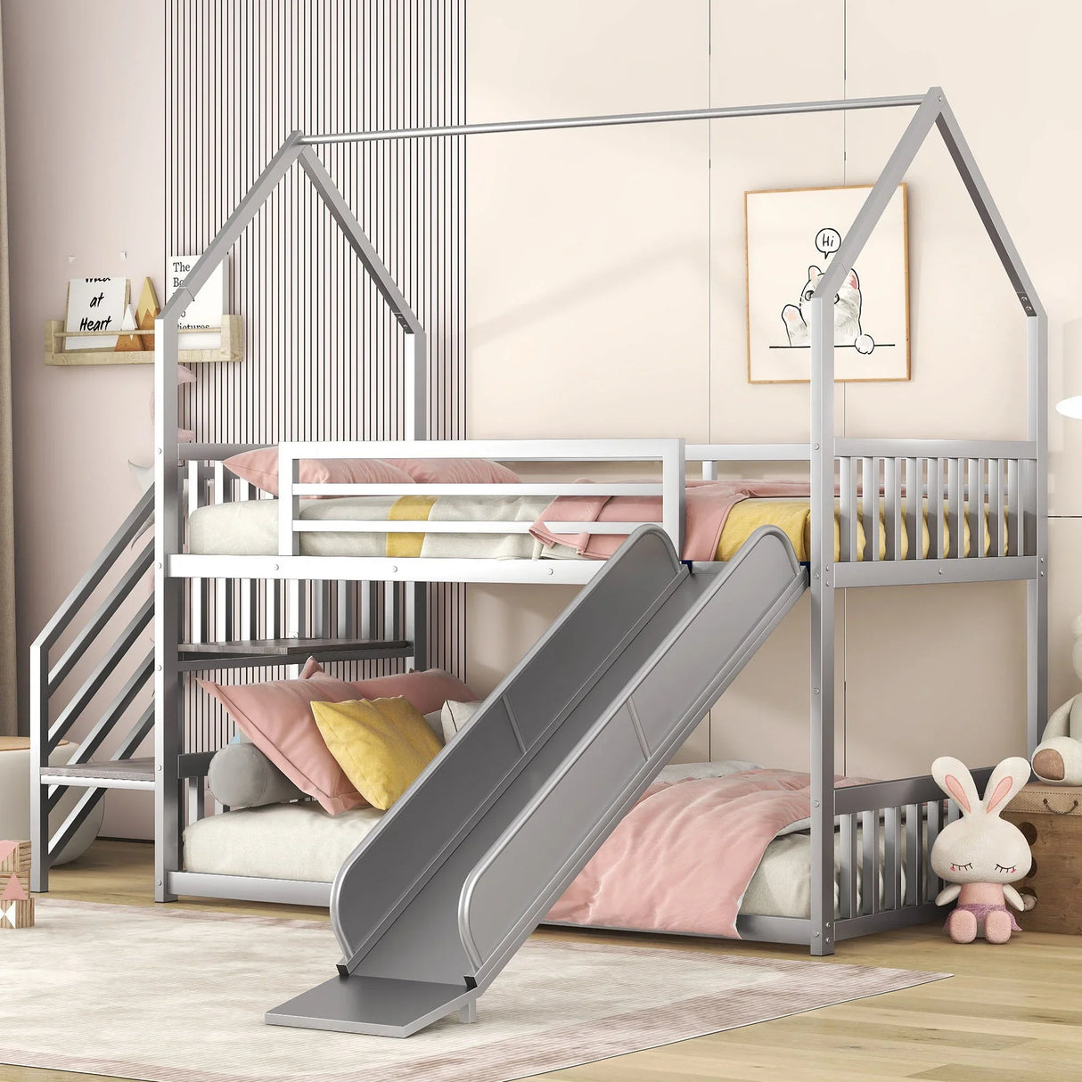 Twin Over Twin Metal Bunk Bed House Bed With Slide And Staircase - Furniture Home Direct
