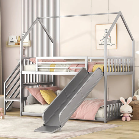 Twin Over Twin Metal Bunk Bed House Bed With Slide And Staircase - Furniture Home Direct