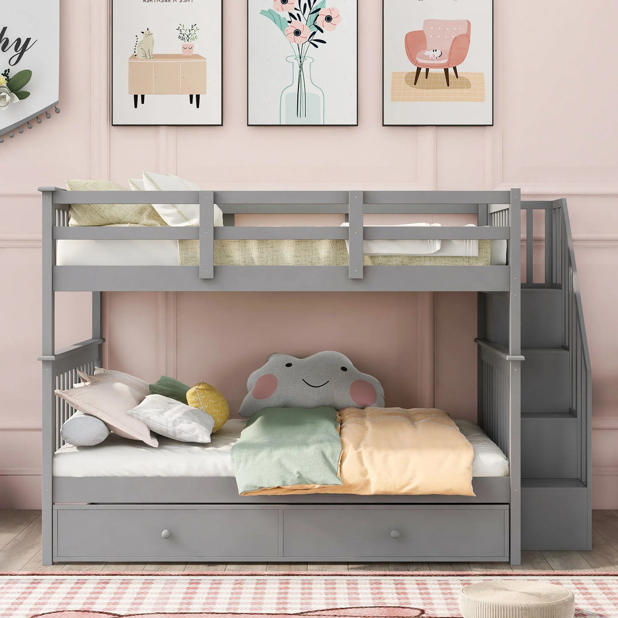 Stairway Bunk Bed With Storage And Guard Rail For Bedroom - Furniture Home Direct