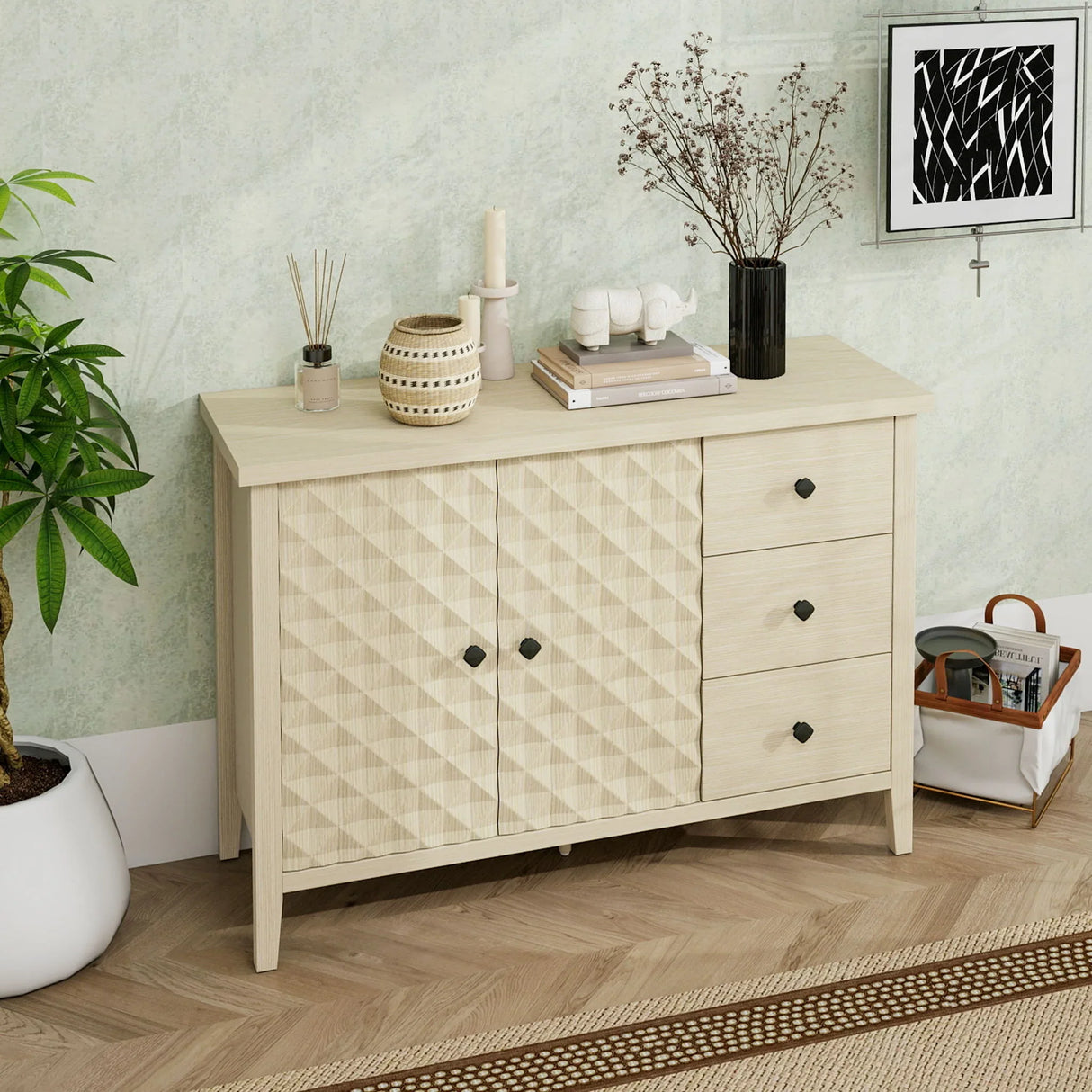 Modern 2 Door 3 Drawer Storage Cabinet, Buffet Cabinet With 2 Embossed Door For Living Room, Kitchen, Entryway - Natural - Furniture Home Direct