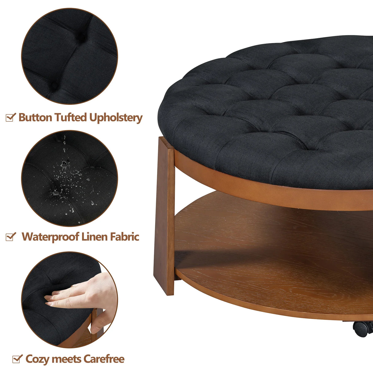 Round Ottoman Coffee Table Oversized Tufted Wood Base Black - Furniture Home Direct