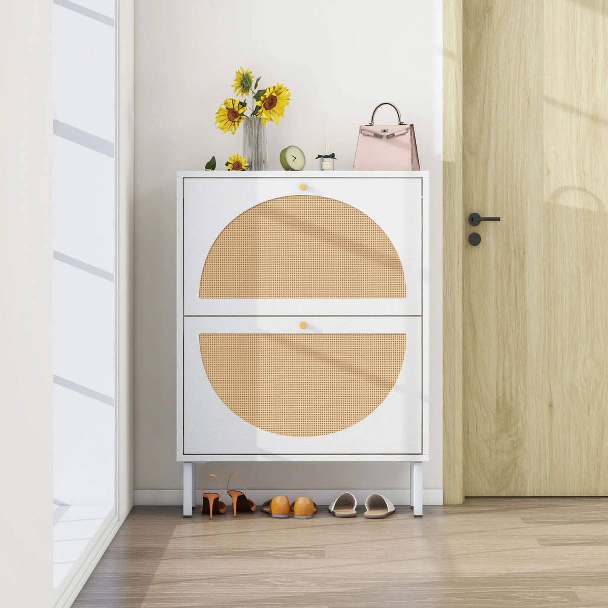 2 Door Shoe Rack, Rattan, Double Layer, Suitable For Living Room, Hallway - White - Furniture Home Direct