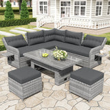 6 Piece Patio Set With An Adjustable Table, Recliners With Extendable Side Tables, And 2 Ottomans - Gray - Furniture Home Direct