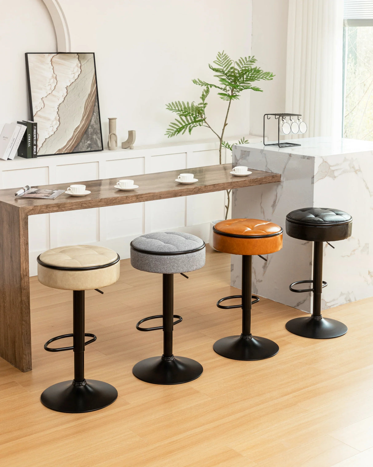 Bar Stool Round Tufted PU Leather Adjustable Height Brown - Furniture Home Direct