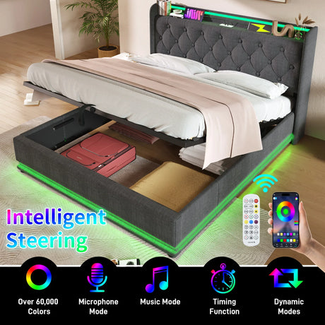 King Bed LED 360 Surround Lighting Storage USB Type C Gray - Furniture Home Direct