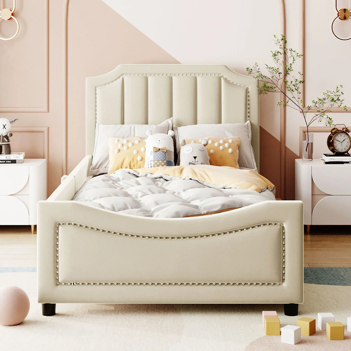 Upholstered Daybed With Classic Stripe Shaped Headboard - Furniture Home Direct