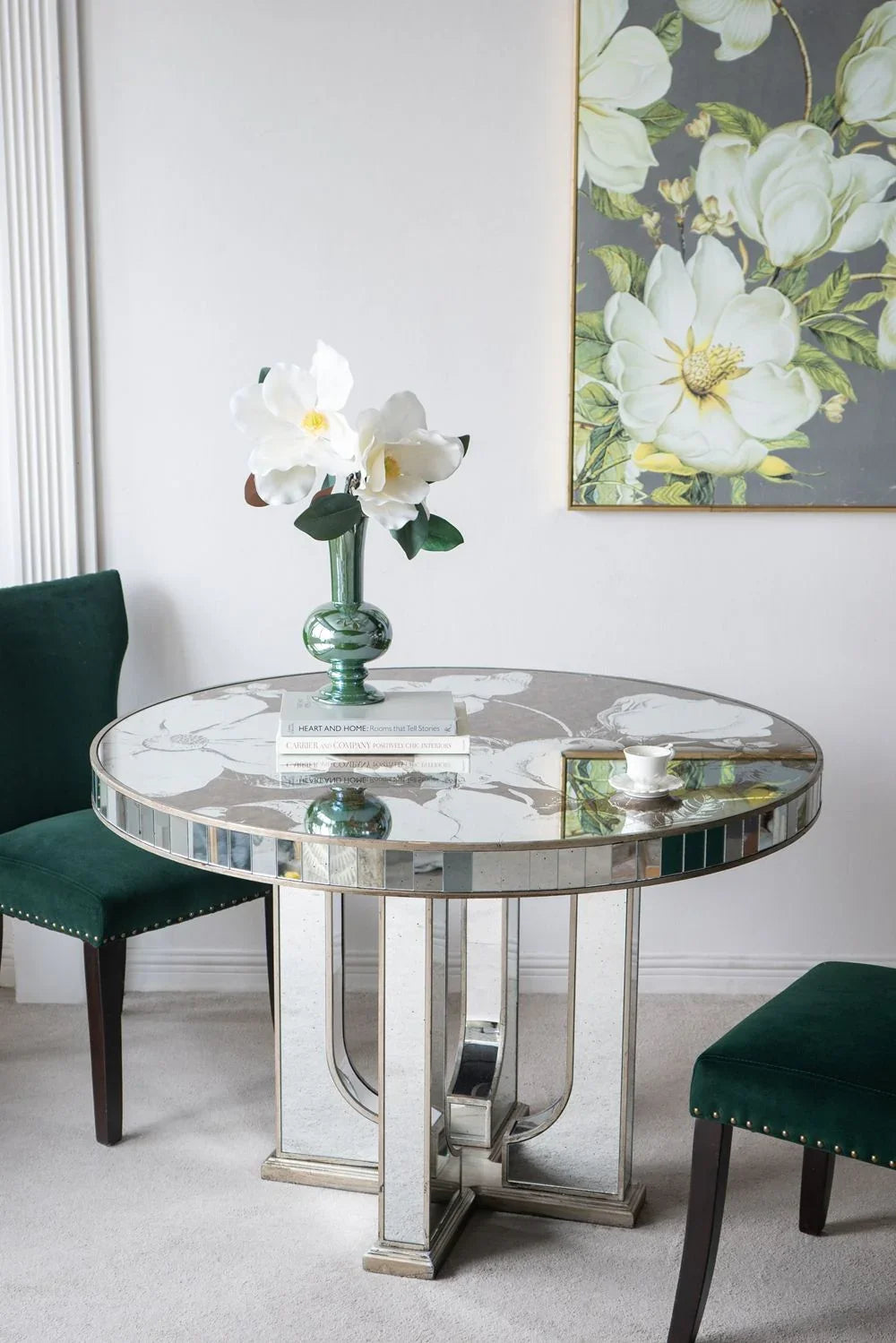 Round Dining Table With Elegant Floral Design And Mirrored - Silver Multi - Furniture Home Direct