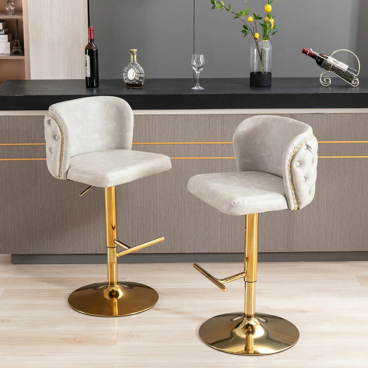 Counter Stool Set of 2 Swivel Upholstered High Back Beige - Furniture Home Direct