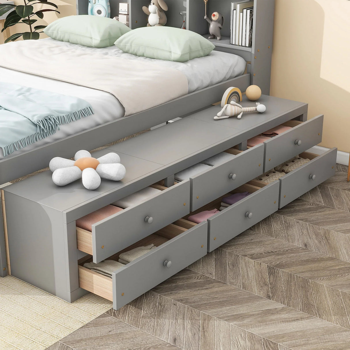 Bed With Bookcase Headboard, Under Bed Storage Drawers And Bed End Storage Case - Furniture Home Direct