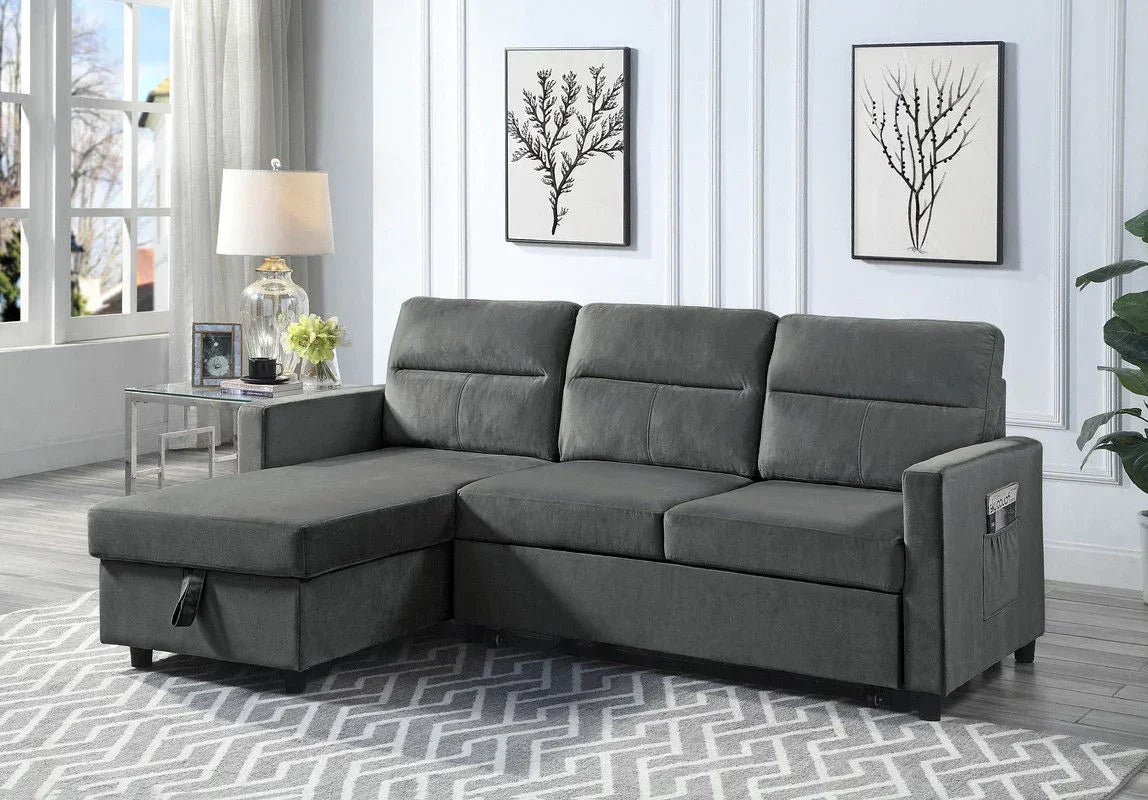 Ivy - Velvet Reversible Sleeper Sectional Sofa With Storage Chaise And Side Pocket - Furniture Home Direct
