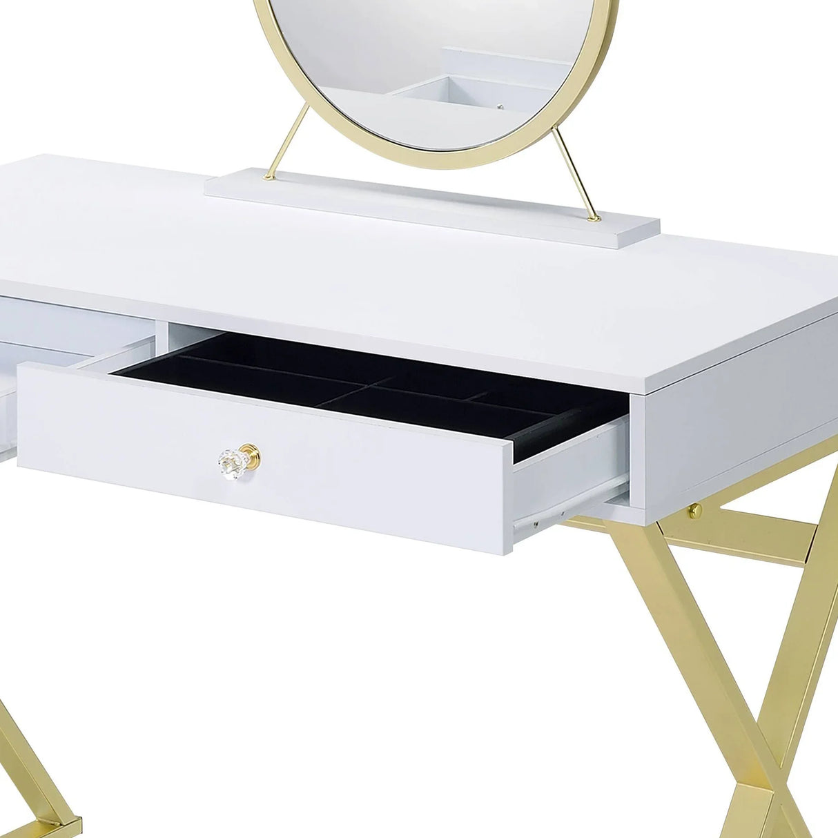 Vanity Desk With Mirror And Jewelry Tray Gold Legs White - Furniture Home Direct
