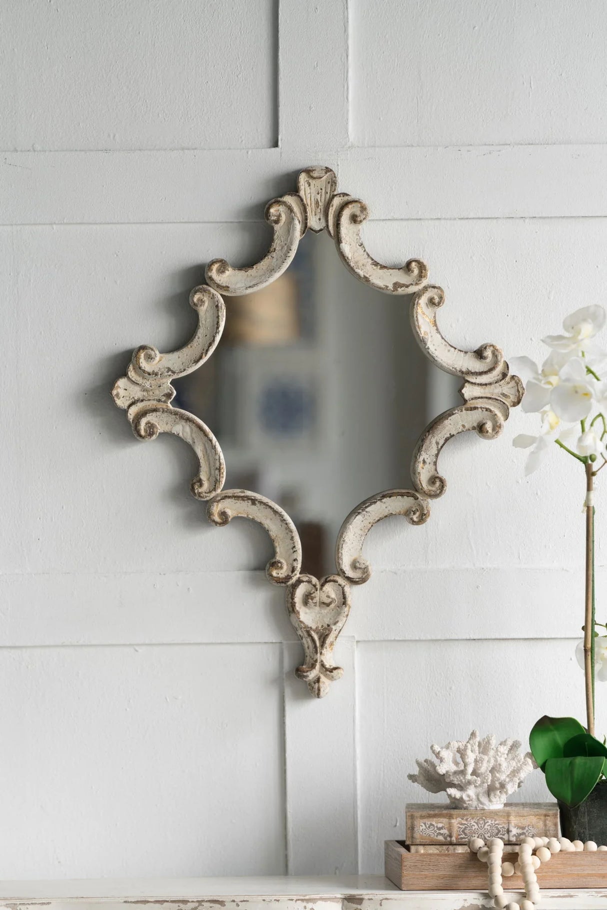 Artistic Diamond Scrollwork Mirror, Home Accent Mirror For Living Room, Entryway, Bedroom, Office - Antique White - Furniture Home Direct