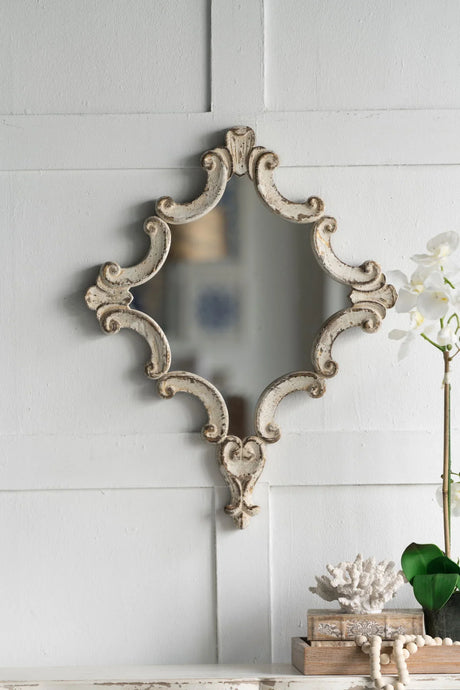 Artistic Diamond Scrollwork Mirror, Home Accent Mirror For Living Room, Entryway, Bedroom, Office - Antique White - Furniture Home Direct