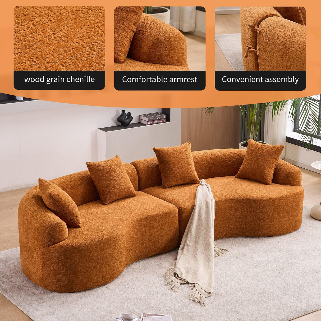 4 Seater Sofa With Chenille Fabric, 30D, 60 Hardness Full Sponge, 4 Pillow For Living Room, Home Furniture Sleeper Sectional Sofa For Apartment - Furniture Home Direct