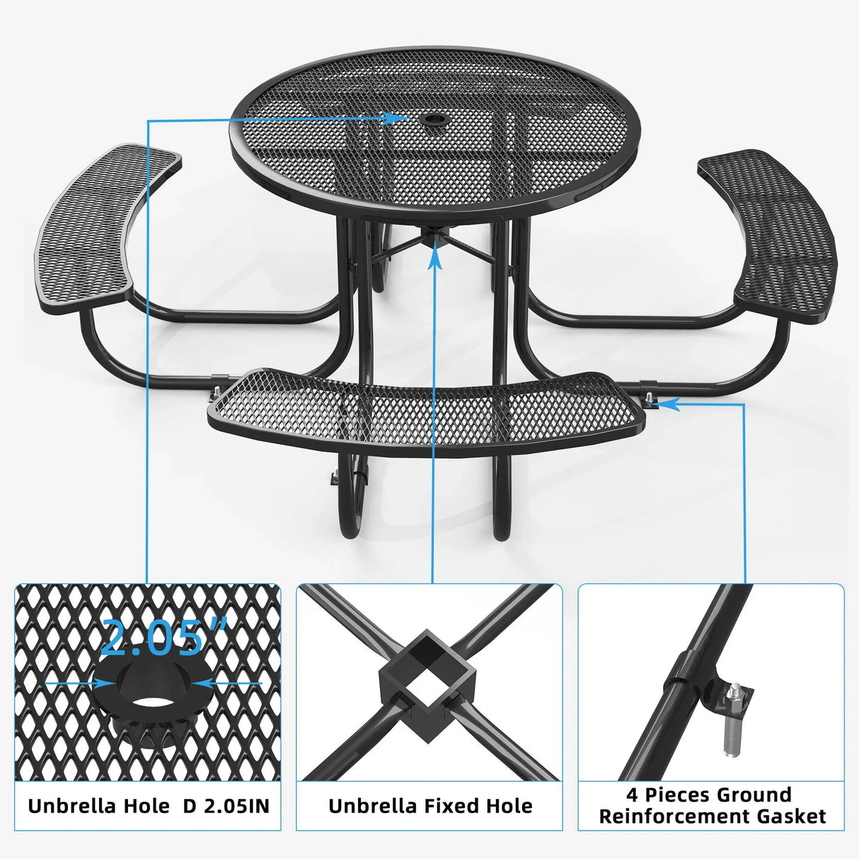 Round Outdoor Steel Picnic Table With Umbrella Pole - Black - Furniture Home Direct