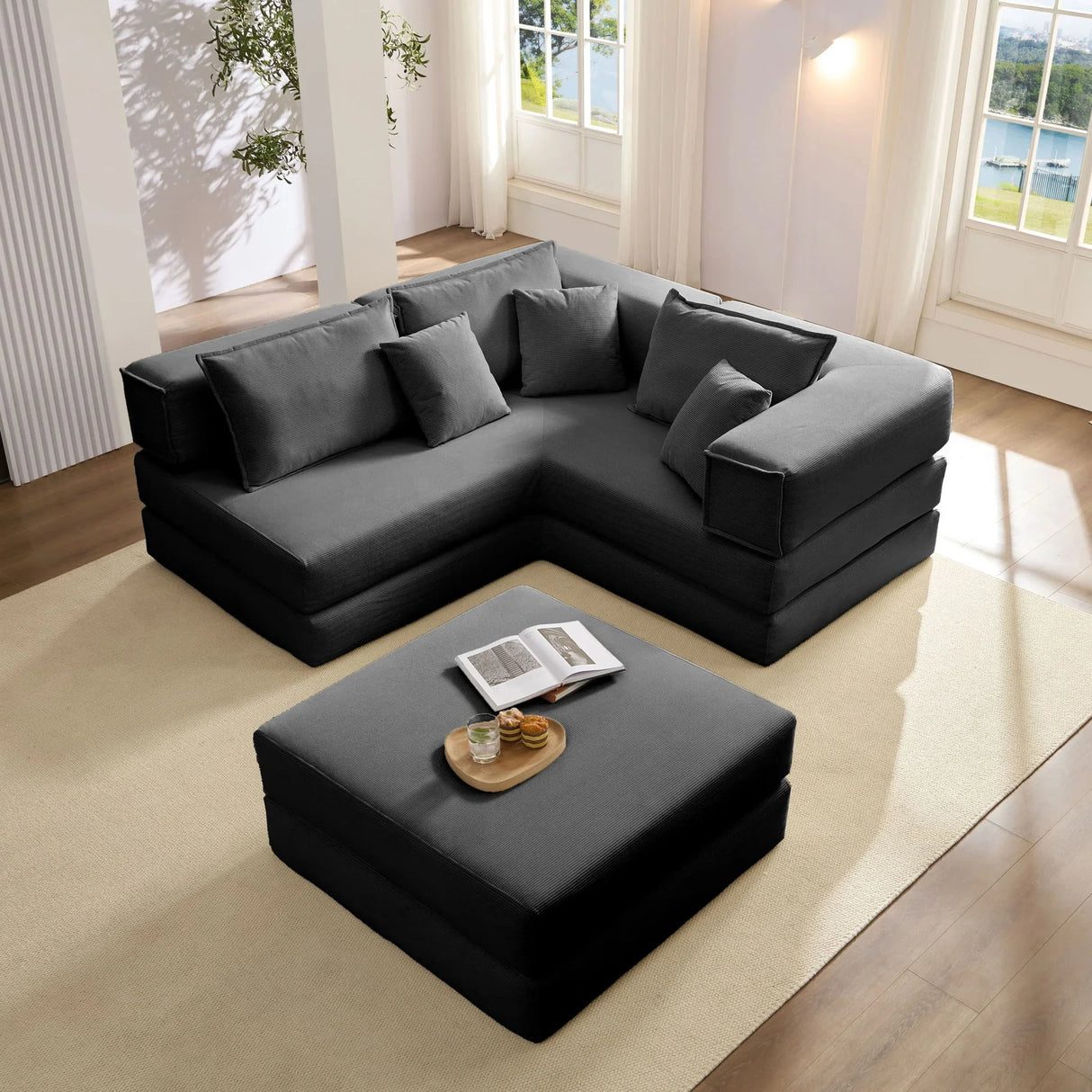 Modular L Shaped Floor Living Room Sofa Set With 6 Pillows - Furniture Home Direct