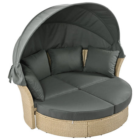 Outdoor Patio Daybed Wicker Rattan Double Daybed Round Sofa Furniture Set With Retractable Canopy, 4 Pillows For Lawn Garden - Furniture Home Direct