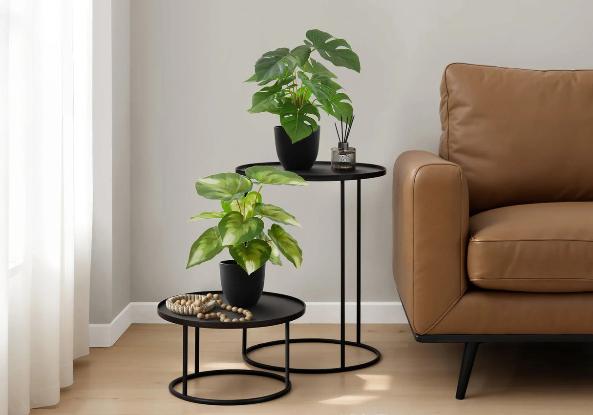 13" Tall, Artificial Plant, Monstera Calthea, Indoor, Faux, Fake, Table, Greenery, Potted, Decorative (Set of 2) - Green / Black - Furniture Home Direct