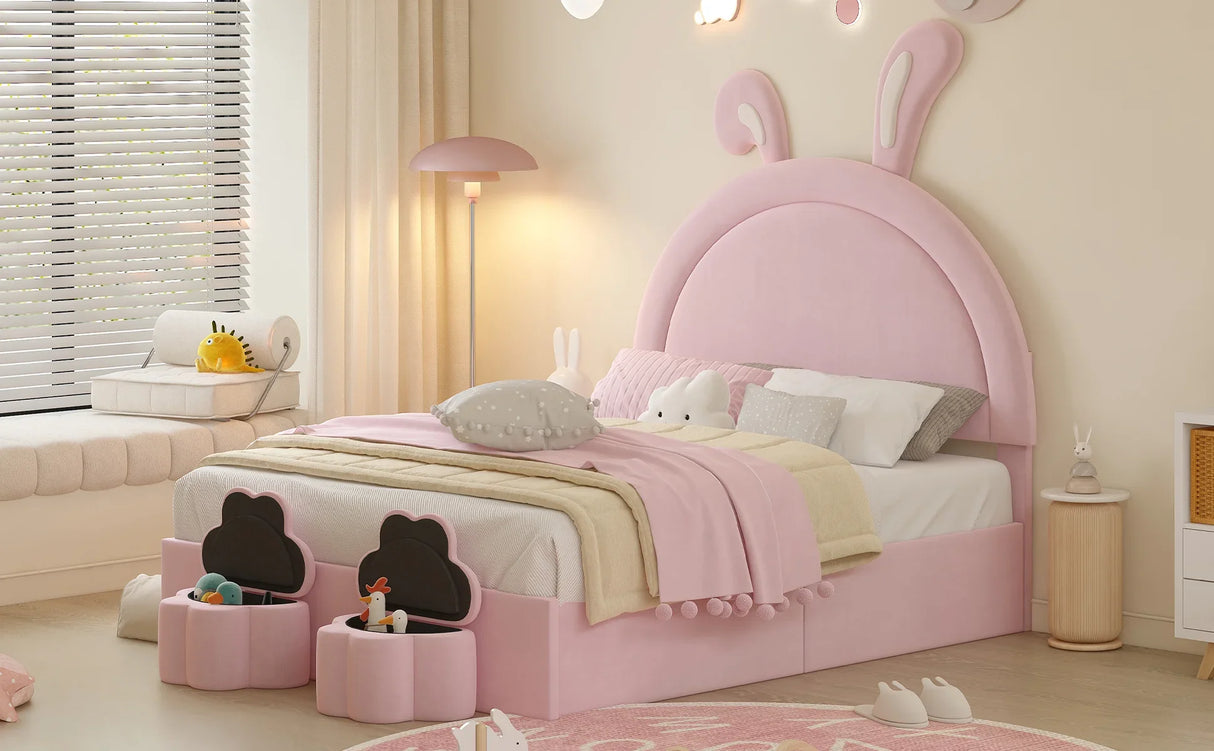 Rabbit Shaped Bed With Storage Stools Upholstered Pink - Furniture Home Direct