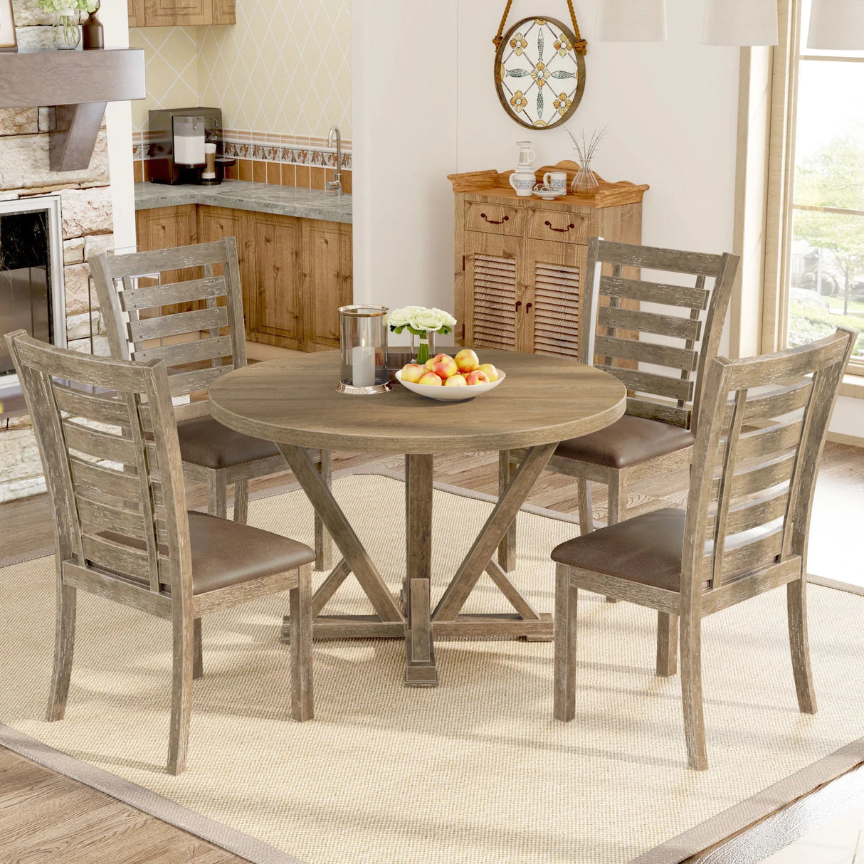 5 Pieces Table Set Round Dining Table Solid Wood Modern Farmhouse Rustic Look Distressed Look - Grayish Brown - Furniture Home Direct