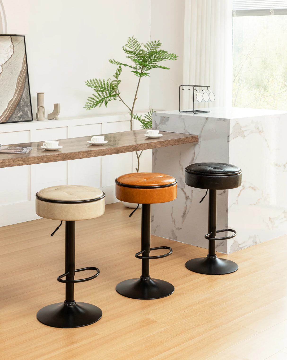 Bar Stool Round Tufted PU Leather Adjustable Height Brown - Furniture Home Direct
