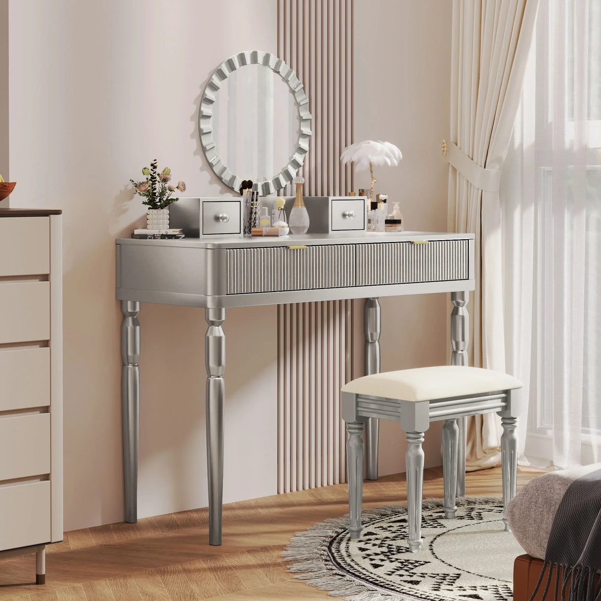 Luxury Vanity Desk With Round Mirror Height Adjustable Dressing Table Set Engineered Wood - Silver - Furniture Home Direct